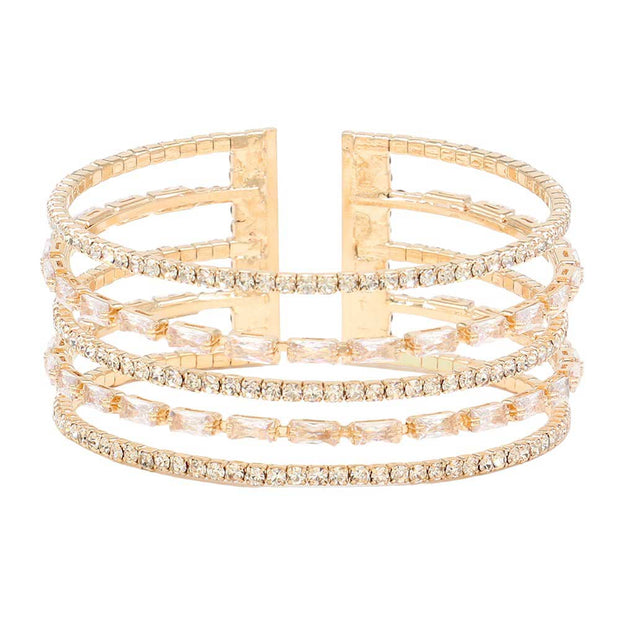 CZ Baguette Stone Accented Split Cuff Evening Bracelet