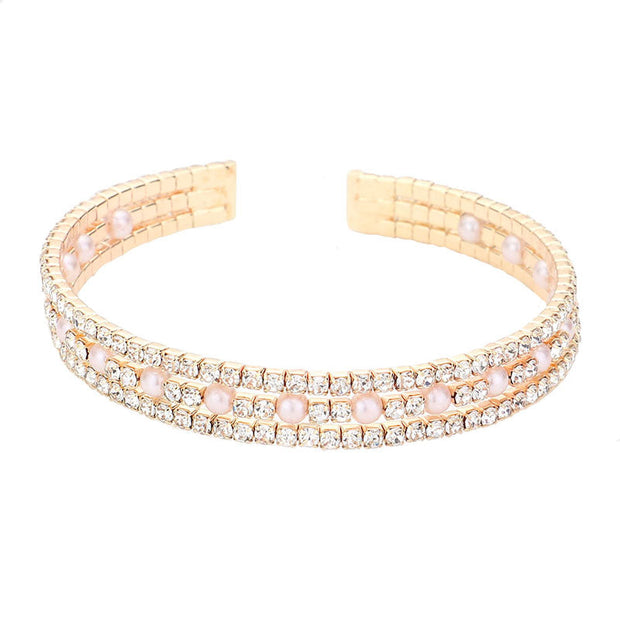 Pearl Accented Split Rhinestone Cuff Evening Bracelet