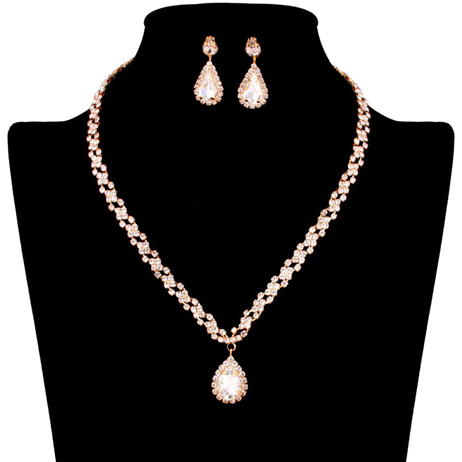 Teardrop Stone Pendant Accented Rhinestone Pave Necklace