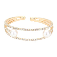 Trendy Pearl Accented Split Rhinestone Cuff Evening Bracelet
