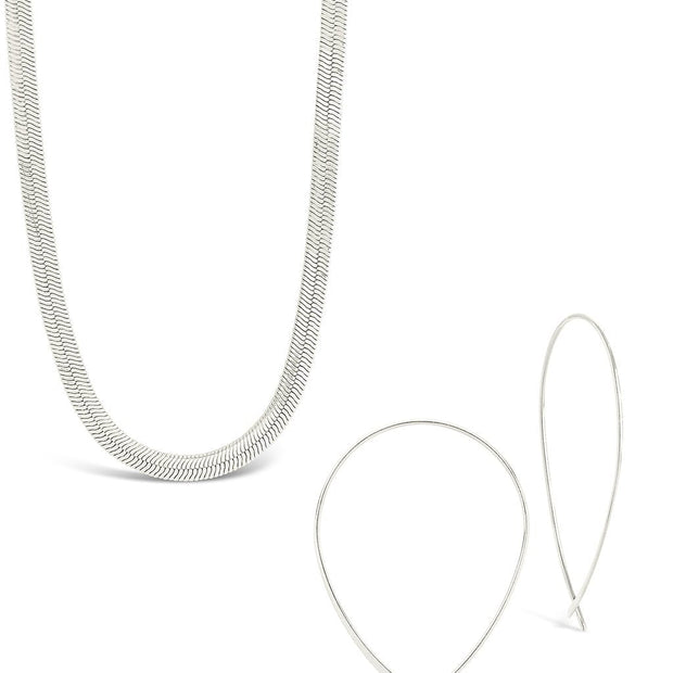Delicate Threader Hoop Earrings & Herringbone Chain Necklace Set