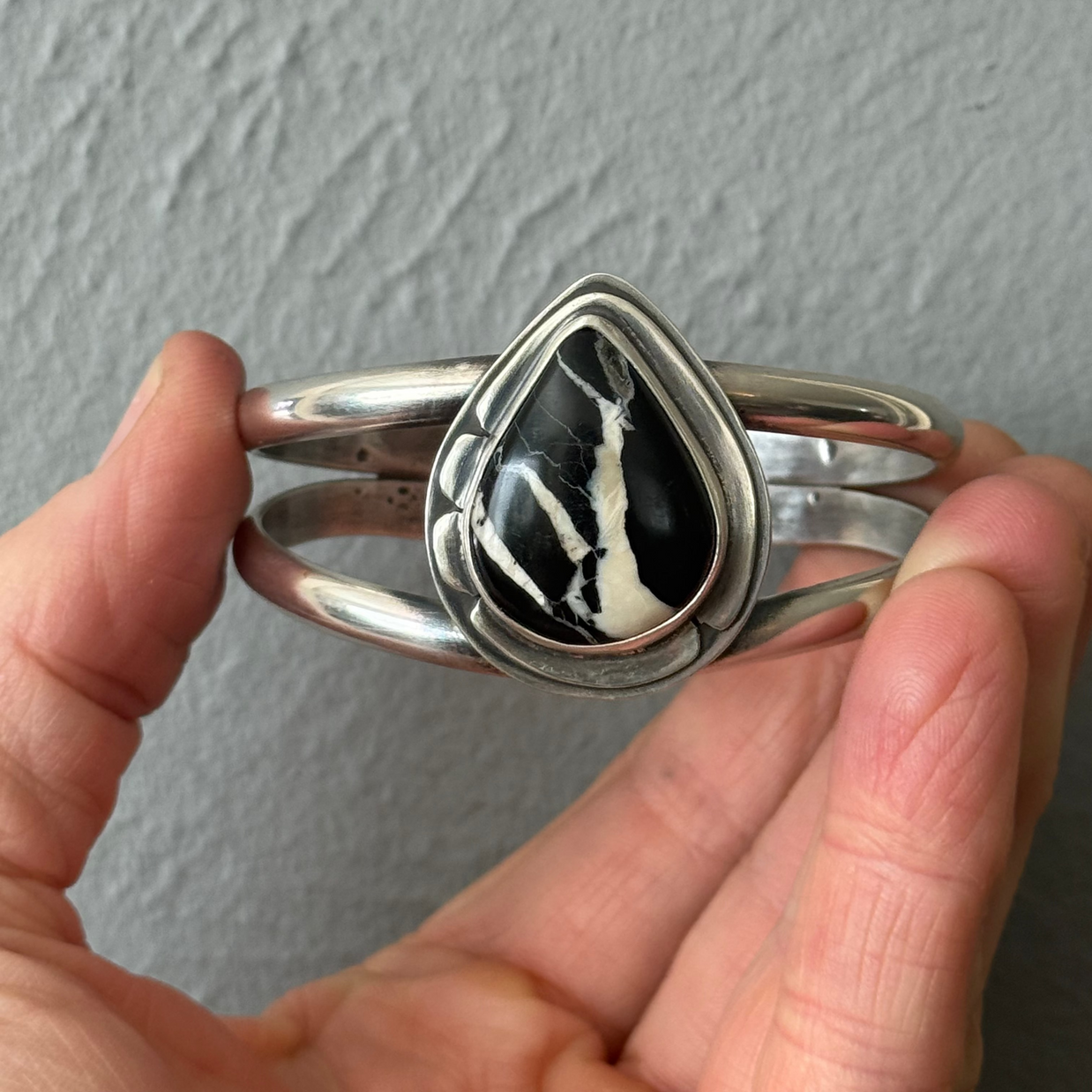 White Buffalo Turquoise Cuff Bracelet | Sterling Silver Teardrop Statement Cuff | Stand Collection