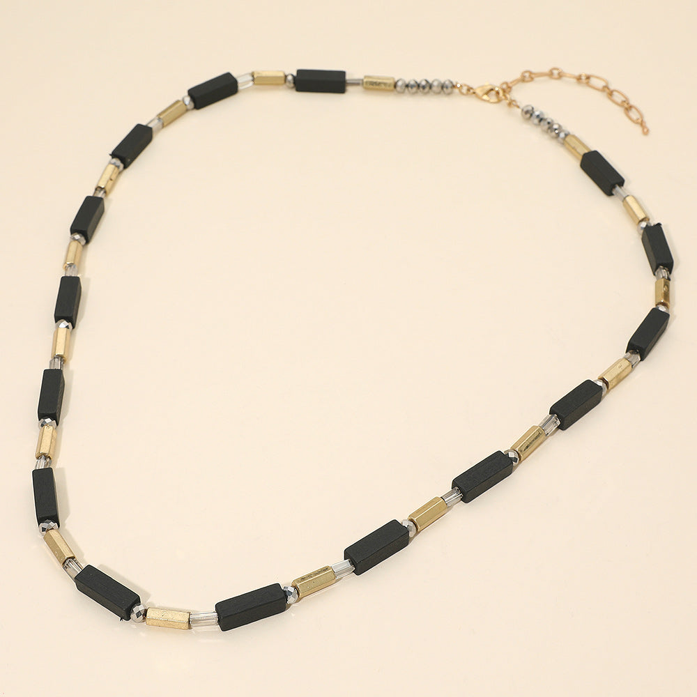 Structured Wooden Metal Bar Beaded Long Necklace