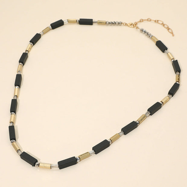 Structured Wooden Metal Bar Beaded Long Necklace