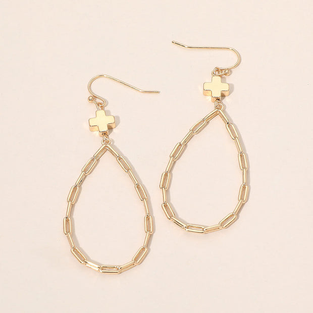 Metal Cross Charm Accent Paperclip Chain Link Open Teardrop Earrings