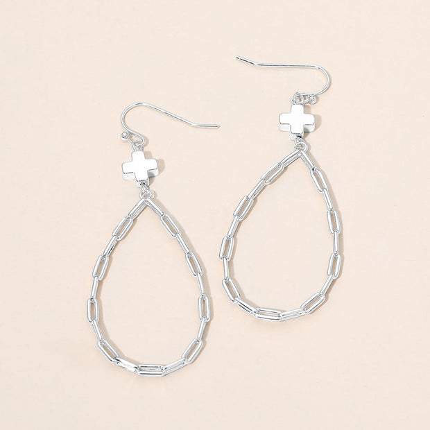 Metal Cross Charm Accent Paperclip Chain Link Open Teardrop Earrings