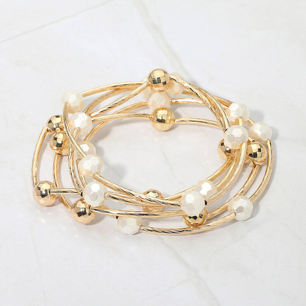 5PCS - Ball Metal Bar Beaded Stretch Multi Layered Bracelets