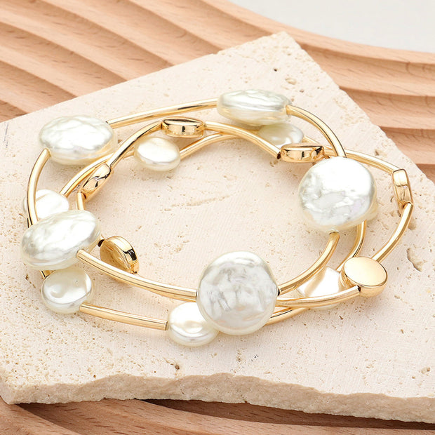 3PCS - Natural Pearl Disc Pointed Stretch Multi Layered Bracelets