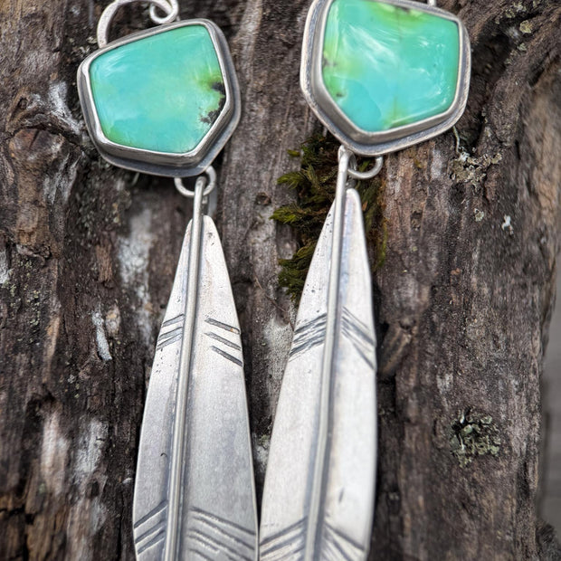 Sonoran Gold Turquoise Feather Earrings | Sterling Silver Dangle Earrings | Handmade in Durango Colorado