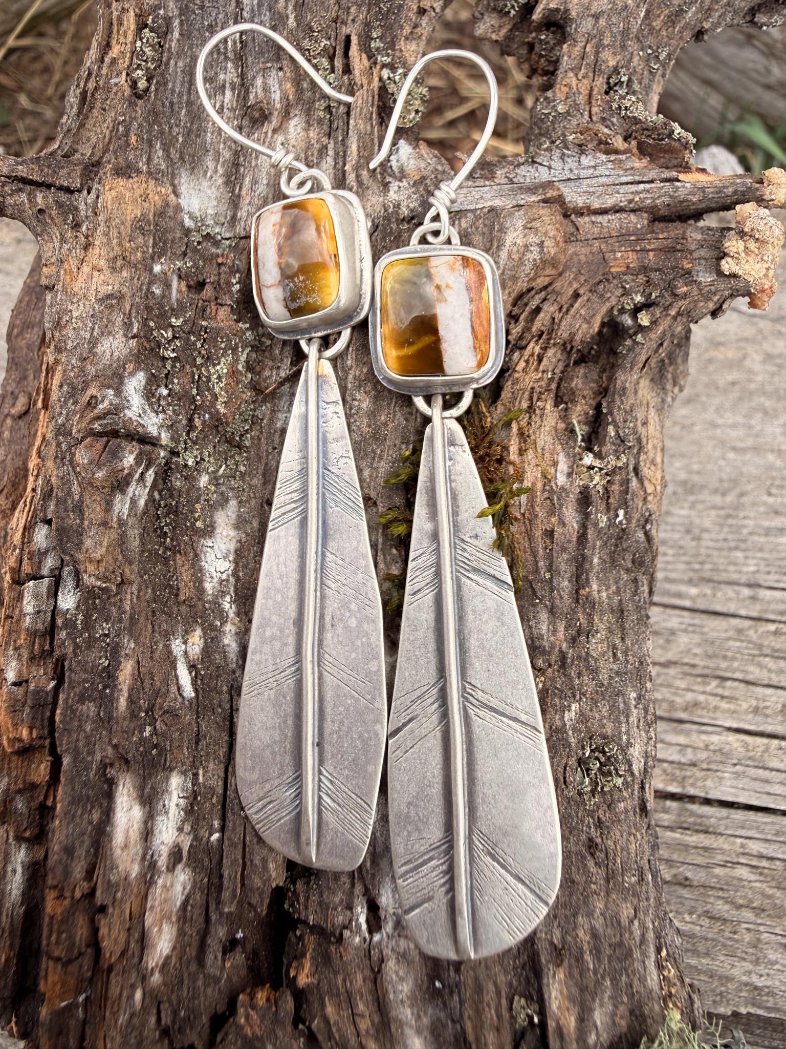 Polychrome Turquoise Feather Earrings | Sterling Silver Dangle Earrings | Handmade in Durango Colorado