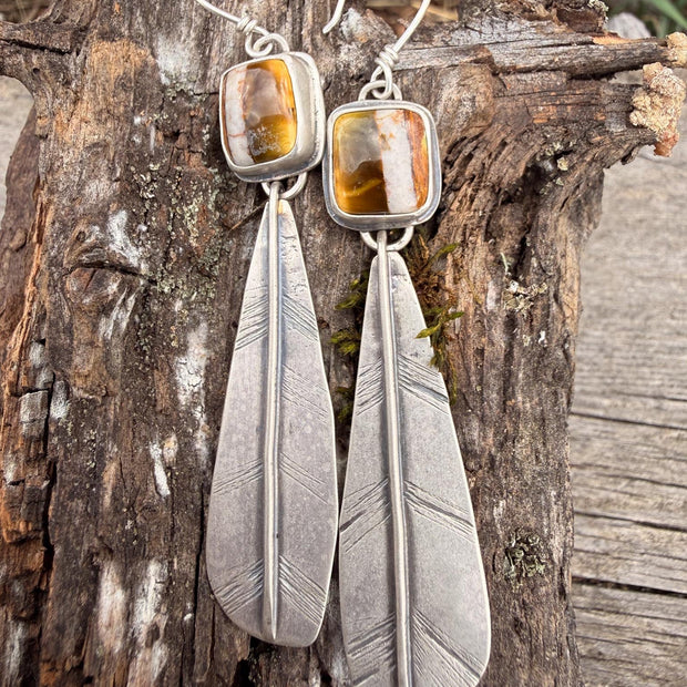 Polychrome Turquoise Feather Earrings | Sterling Silver Dangle Earrings | Handmade in Durango Colorado