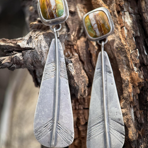 Polychrome Turquoise Feather Stud Earrings | Sterling Silver Dangle Earrings | Handmade in Durango Colorado