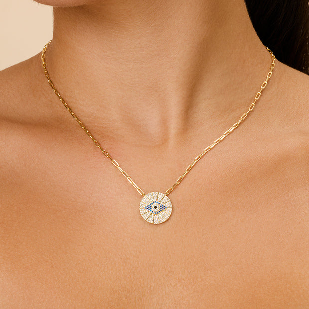 CZ Evil Eye Disk Pendant Necklace