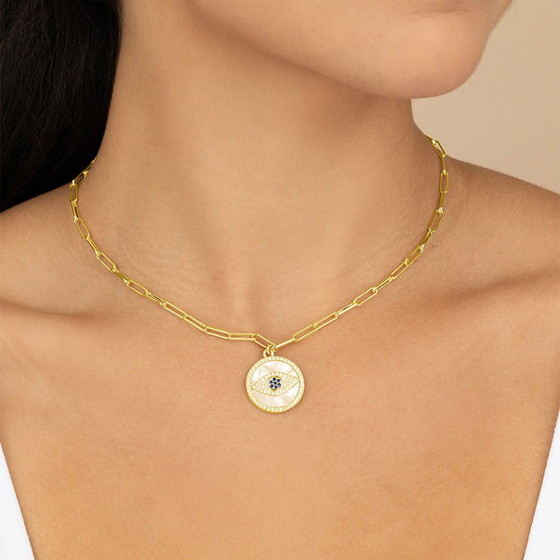 CZ & Mother of Pearl Evil Eye Pendant Necklace