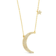 Sterling Silver CZ Crescent & Star Charm Necklace