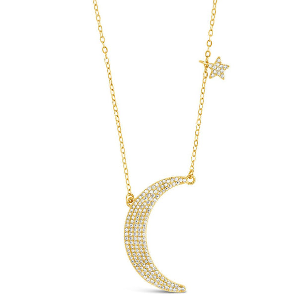 Sterling Silver CZ Crescent & Star Charm Necklace