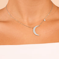 Sterling Silver CZ Crescent & Star Charm Necklace