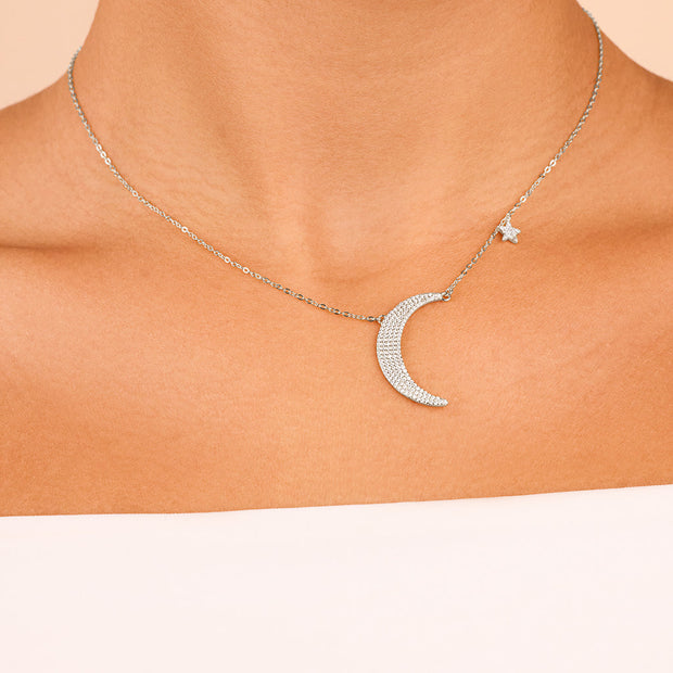 Sterling Silver CZ Crescent & Star Charm Necklace