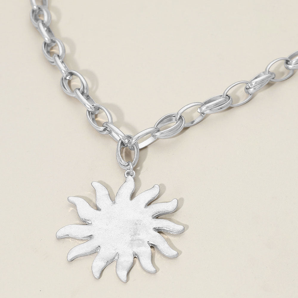 Brushed Metal Sunburst Pendant Chunky Chain Necklace