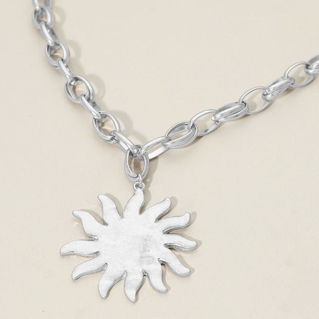 Brushed Metal Sunburst Pendant Chunky Chain Necklace