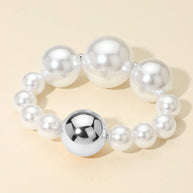Chunky Metal Ball Accent Pearl Beaded Stretch Bracelet