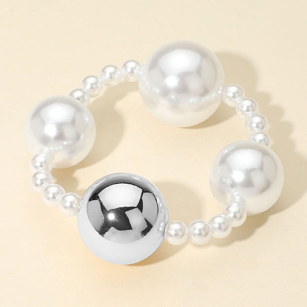 Alternating Metal Pearl Beaded Stretch Statement Bracelet