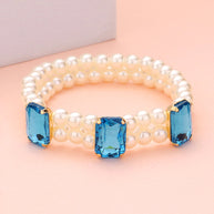 Rectangle Stone Accented Pearl Stretch Bracelet