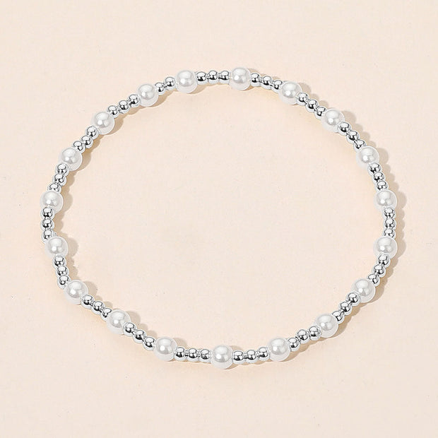 Pearl Accent Stainless Steel Ball Beaded Stretch Bracelet