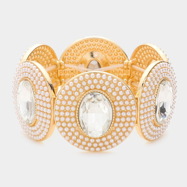 Oval Stone Centered Pearl Cluster Stretch Bracelet