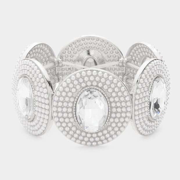 Oval Stone Centered Pearl Cluster Stretch Bracelet