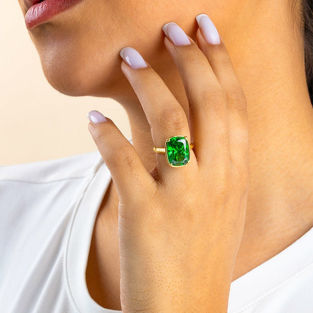 Sterling Silver Elongated Cushion Emerald CZ Cocktail Ring