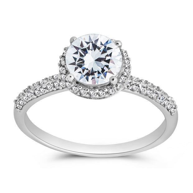 Sterling Silver Round Brilliant CZ Ring with Bead Set Border