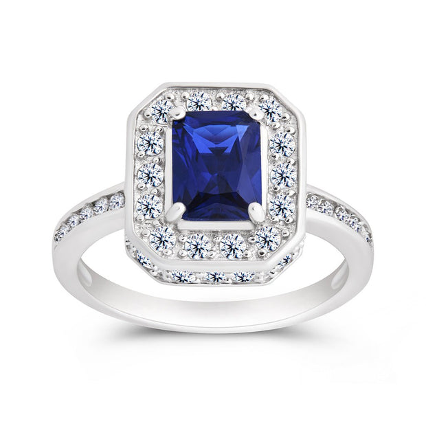 Sterling Silver Emerald Cut Sapphire CZ Cocktail Ring
