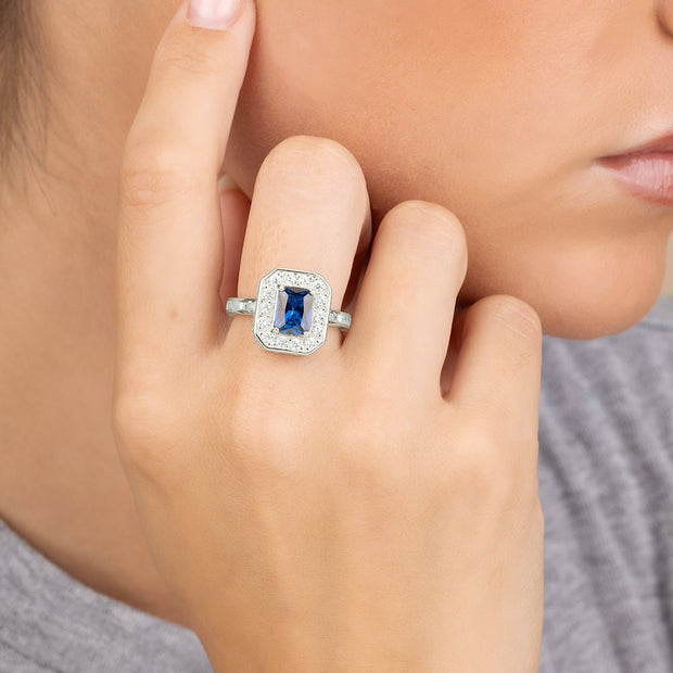 Sterling Silver Emerald Cut Sapphire CZ Cocktail Ring