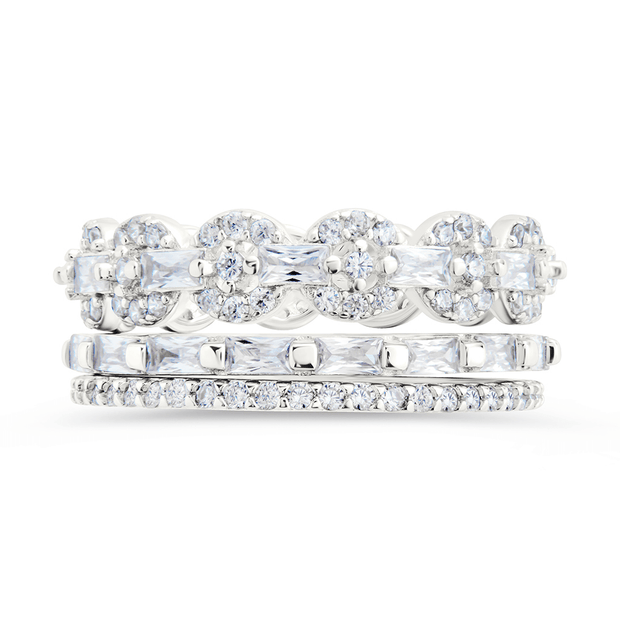 Sterling Silver Melody CZ Bezel Ring Set of 3