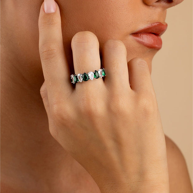 Sterling Silver Pear Cut Emerald CZ Celebration Band Ring