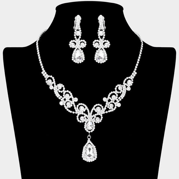 Teardrop Crystal Rhinestone Vine Drop Collar Necklace Clip on Earring Set