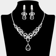 Teardrop Crystal Rhinestone Vine Drop Collar Necklace Clip on Earring Set