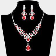 Teardrop Crystal Rhinestone Vine Drop Collar Necklace Clip on Earring Set