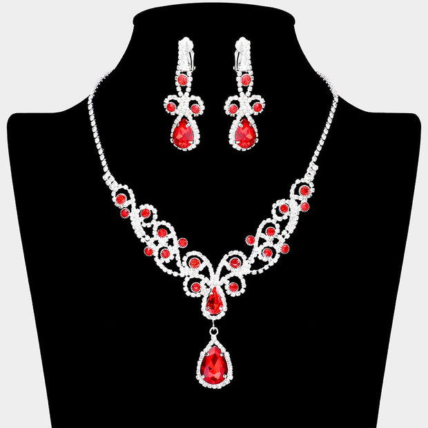 Teardrop Crystal Rhinestone Vine Drop Collar Necklace Clip on Earring Set