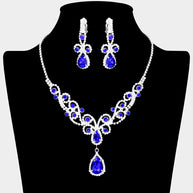 Teardrop Crystal Rhinestone Vine Drop Collar Necklace Clip on Earring Set