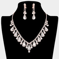 Crystal Rhinestone Bubbly Teardrop Necklace Clip on Earring Set