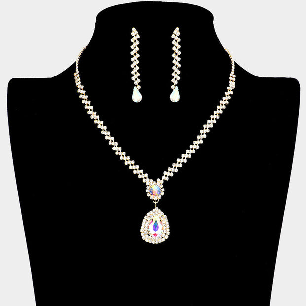 Teardrop Crystal Rhinestone Necklace Earring Set