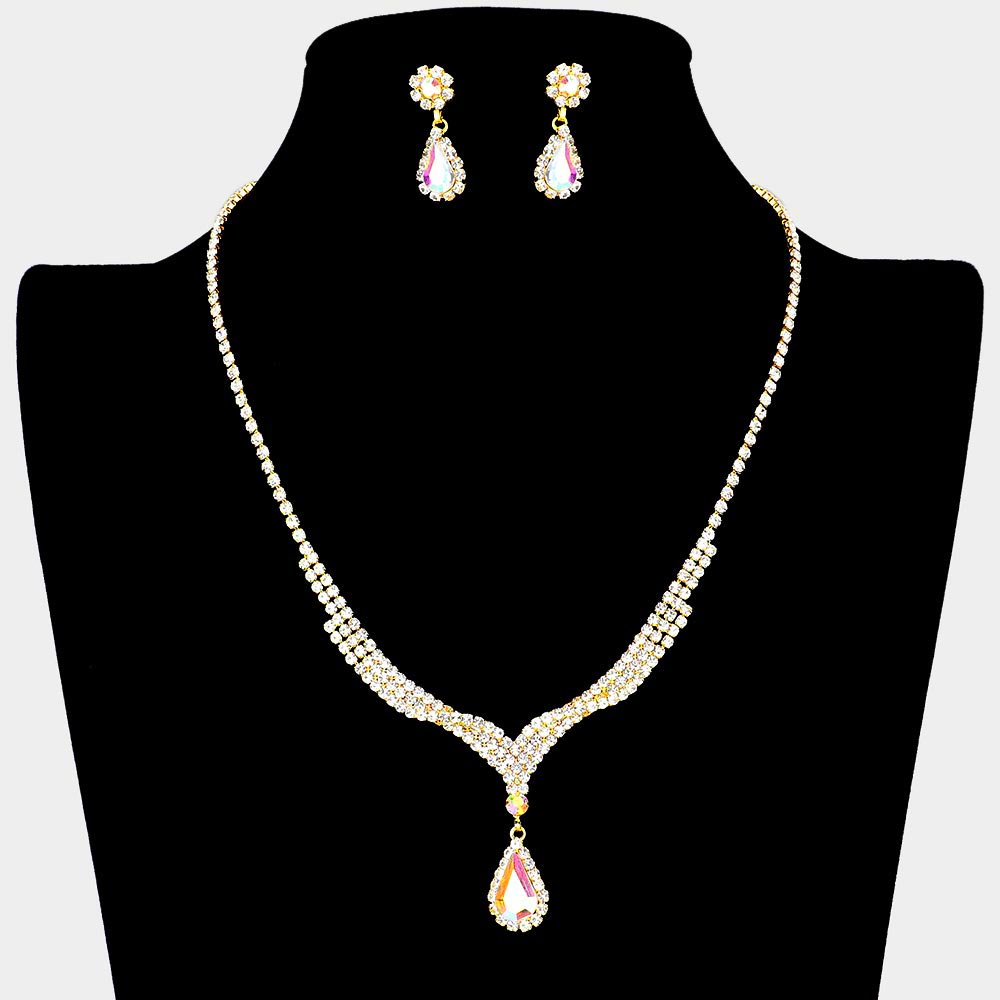 Teardrop Stone Pendant Accented Rhinestone Pave Necklace