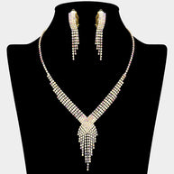 Rhinestone Pave Fringe Necklace & Clip Earring Set
