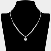 CZ Stone Paved Heart Pendant Accent Quatrefoil Link Chain Rhinestone Paved Necklace