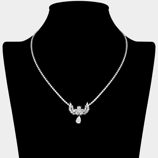 Floral Laurel CZ Stone Cluster Accent Teardrop Cluster Dangle Rhinestone Paved Necklace