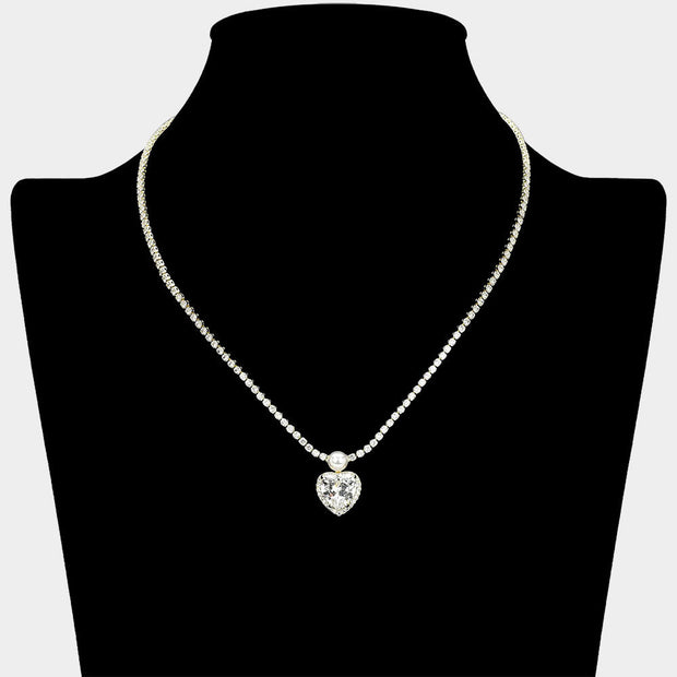 Heart CZ Stone Charm Drop Rhinestone Necklace