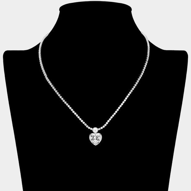 Heart CZ Stone Charm Drop Rhinestone Necklace