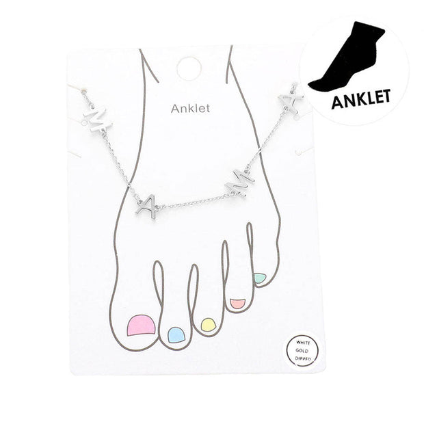 White Gold Dipped Mama Metal Charm Message Anklet